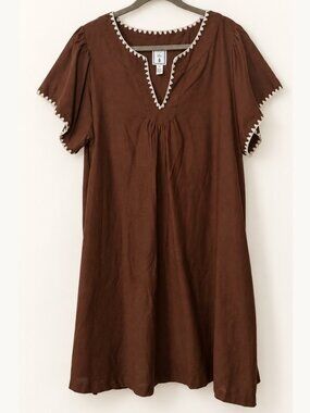 LEA Women's 2X Brown Boho Shift Dress Flutter Sleeve Ivory Embroidered Trim